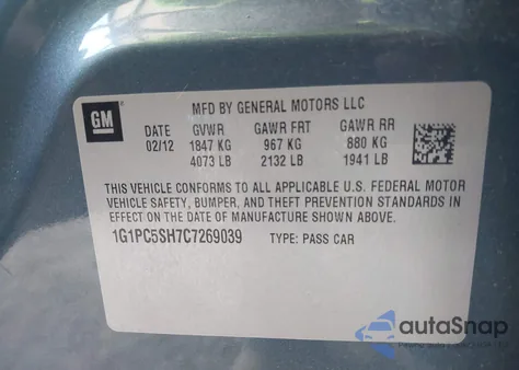 2012 Chevrolet Cruze Ls from USA, damaged, VIN 1G1PC5SH7C7269039